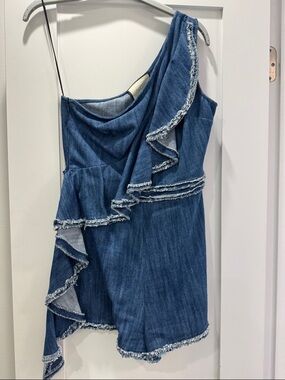 Alexis One-Shoulder Blue Denim Ruffle romper